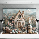 Aperturee - Aperturee Mountain Scene Bunny Hutch Egg Floral Easter Backdrop